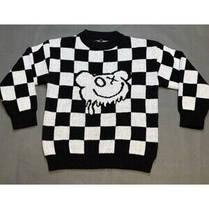 Kaws Bear Black & White Checkerboard Heavyweight Sweater Pullover Knit Size XL